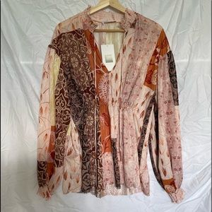 Zara | 70’s inspired paisley mixed print patchwork blouse